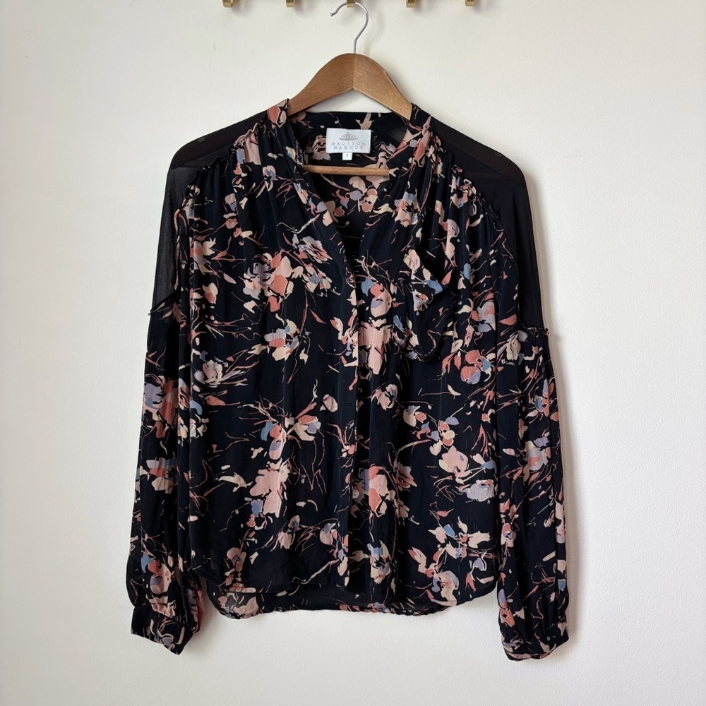 Madison Marcus Black Floral Silk Blouse Small Luxe Office
